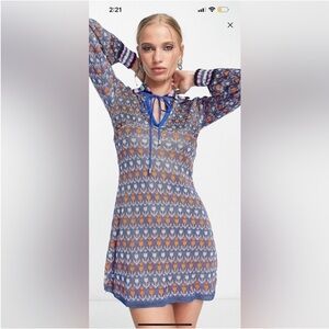 Free People Blue and Orange Patterned Mini Dress